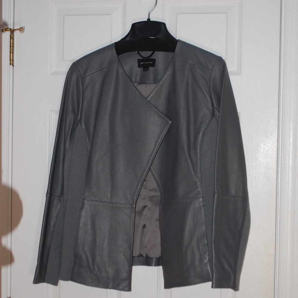 N W/O Tags H by Halston Open Front Leather Jacket with Ribbed Panels